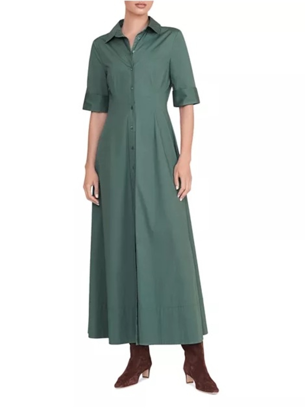 STAUD Forest Joan Button-Front Maxi Shirt Dress Rolled Cuff